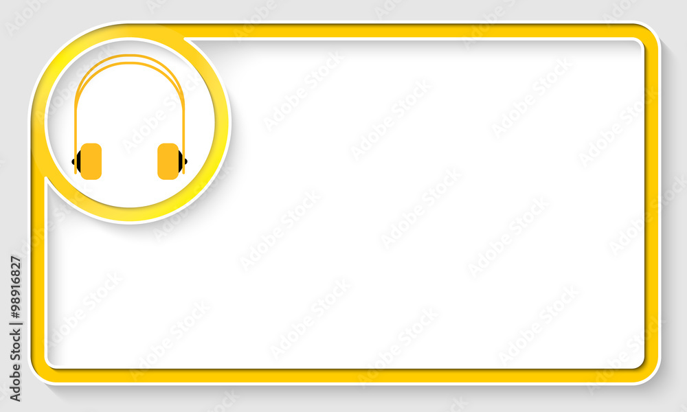 Yellow text frame and white circle box with headphones Yellow text frame and white circle box with headphones