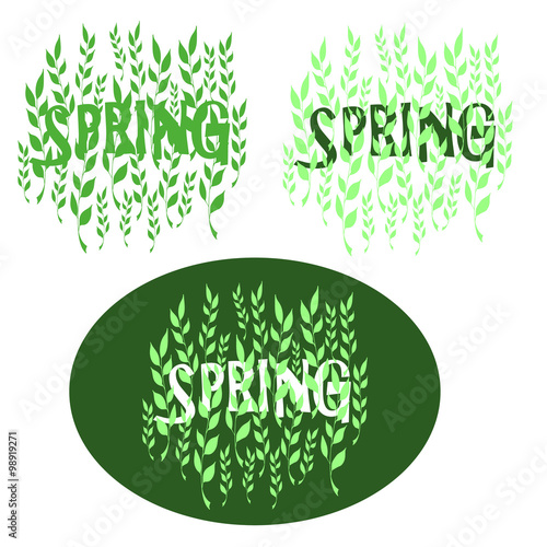 Design elements with spring theme with soothing pastel colors. Spring, shoots of grass and the first green leaves.