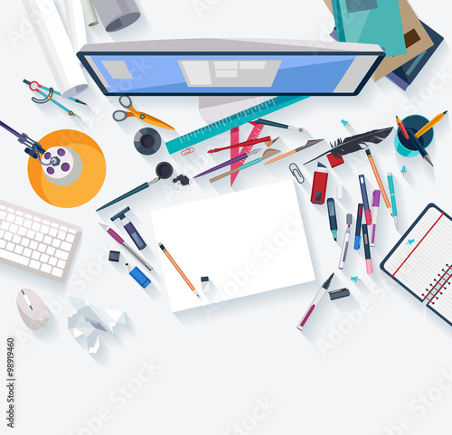 Calligraphy - Workplace concept. Flat design.