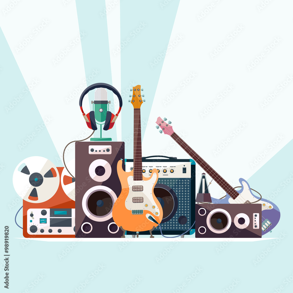 Poster with musical instruments. Flat design.