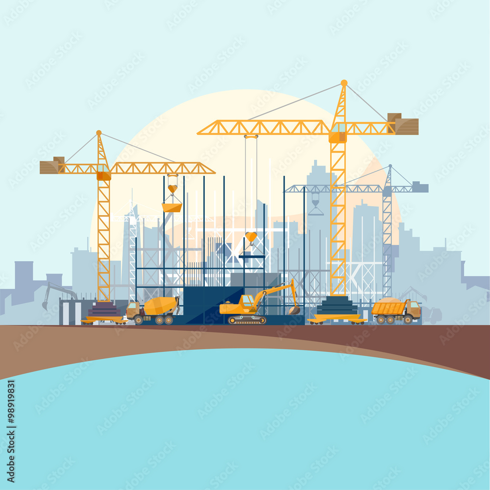 Construction of modern buildings. Flat design.