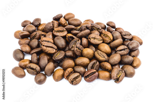 Pile of coffee beans isolated on white background.