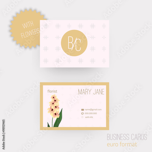 Vector floral horizontal business cards. Complied with the euro standard sizes.