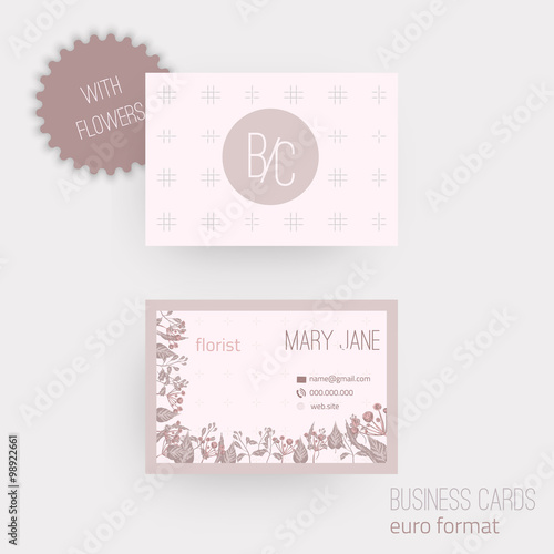 Vector floral horizontal business cards. Complied with the euro standard sizes.