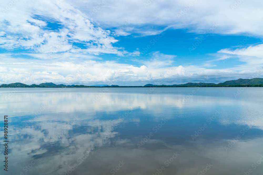 Reflex picture of sea and blue Sky at  Mangrove forest in Kung Krabaen Bay Chathaburi Province, Thailand