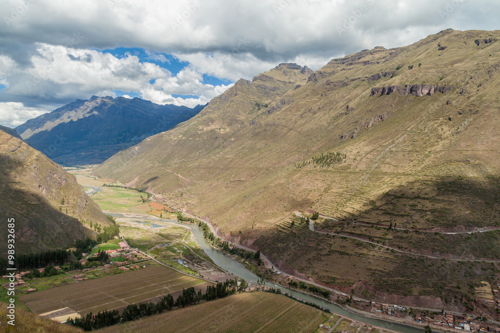 Aerial view of Sacred Valley of Incas near Pisac village, Peru