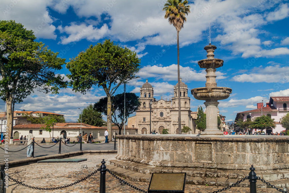 Plaza de Armas square with a cathedral in Cajamarca, Peru.
