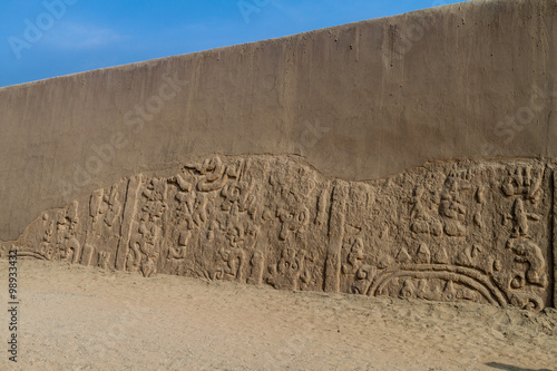 Detail of a decoration at archeological site Huaca Arco Iris (Rainbow Temple) in Trujillo, Peru