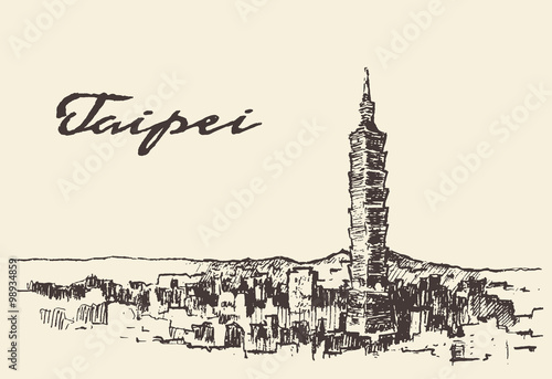 Taipei skyline Taiwan vector hand drawn sketch