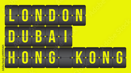Vector scoreboard. London, Dubai, Hong Kong flip cities, isolated on yellow background