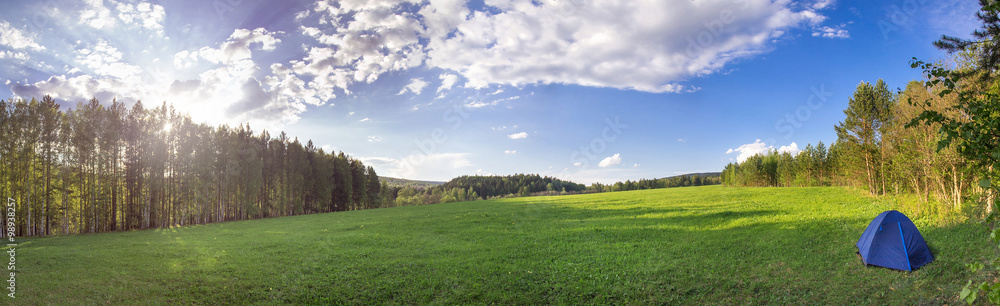 Panorama of the lush green spring meadows, tent and trees