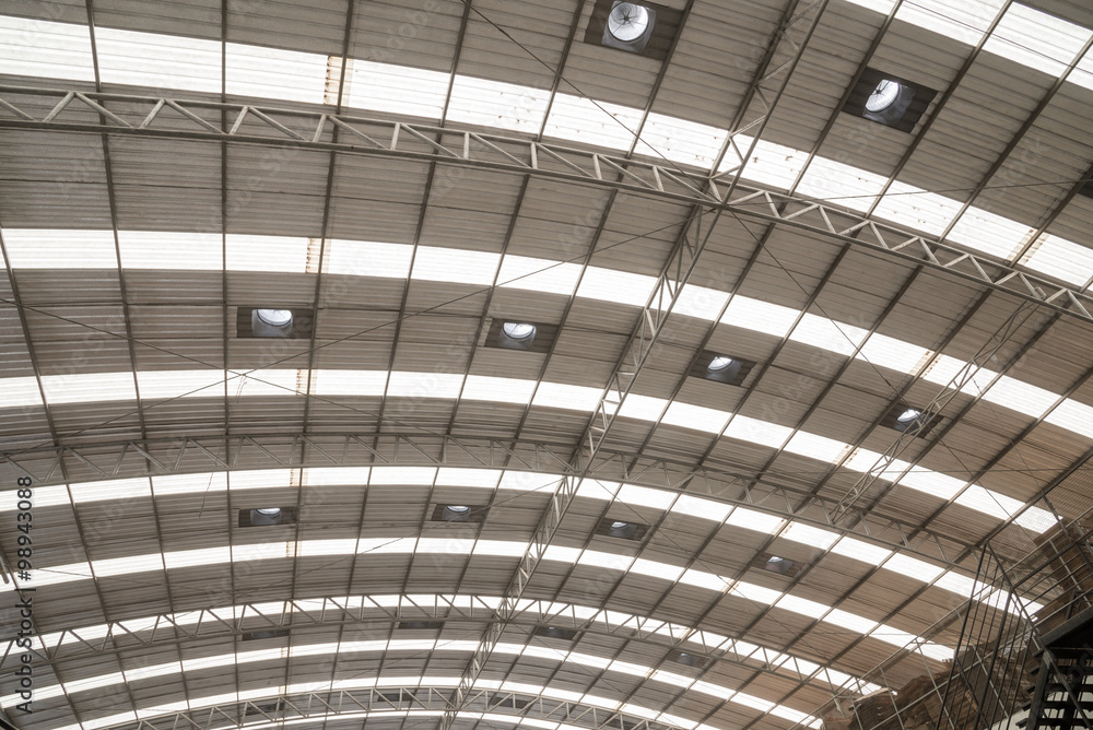 metal sheet roof of the factory, view from bottom to top