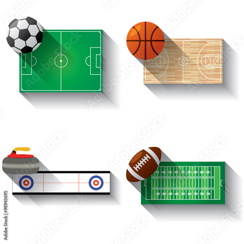 Sport fields illustration icons set with long shadow   Soccer  American football  basket ball