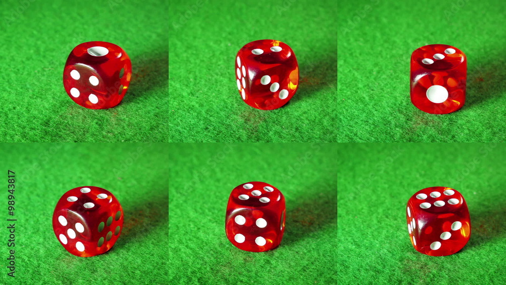 Red dice on the green cloth background. Rotation. Compilation. Red dice on the green cloth background. Rotation. Compilation.