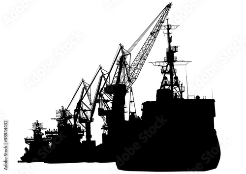 Silhouettes of cargo cranes in the seaport on white background