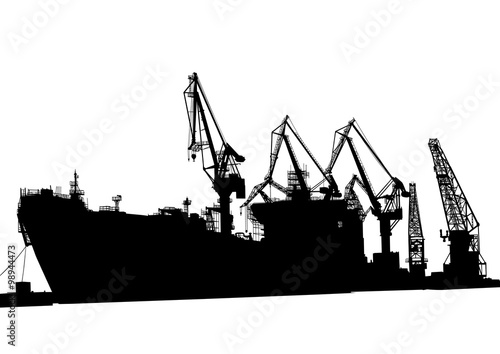 Silhouettes of cargo cranes in the seaport on white background