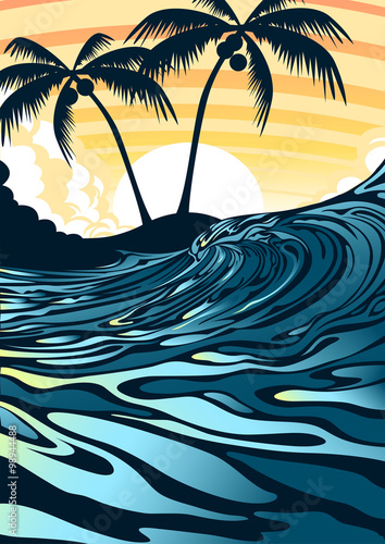 Surf beach at sunrise with palm trees