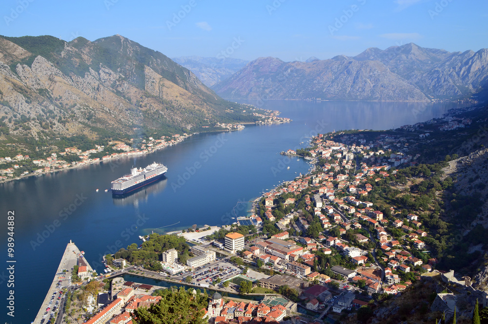 Birdeye view of the historical town of Kotor and the bay