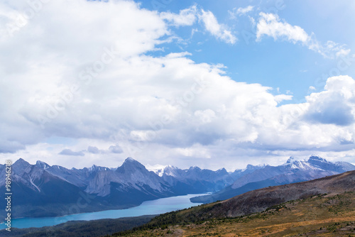 maligne lake seen from the top of a mount of the rocky mountains of alberta canada during a sunny day © ydumortier