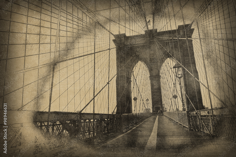 Obraz premium Aged vintage view of a tower on Brooklyn Bridge