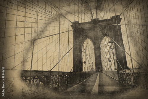 Aged vintage view of a tower on Brooklyn Bridge