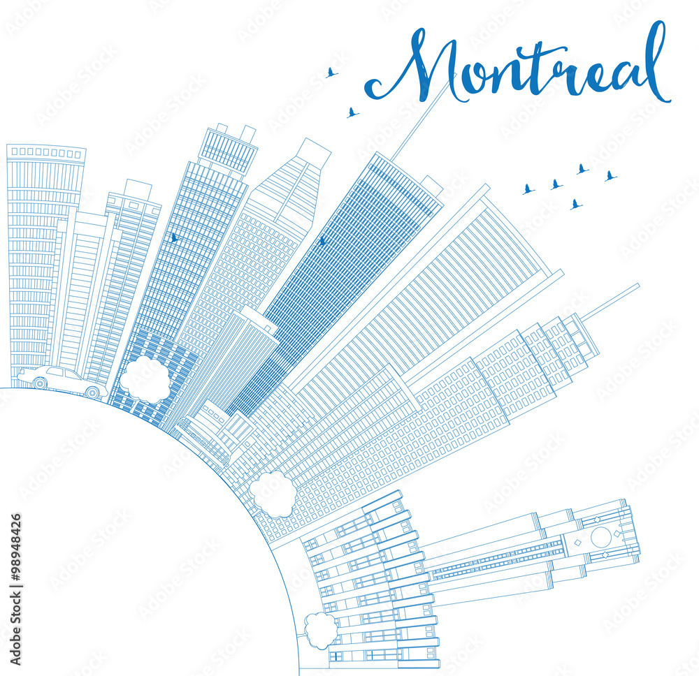 Outline Montreal skyline with blue buildings and copy space. Some elements have transparency mode different from normal.
