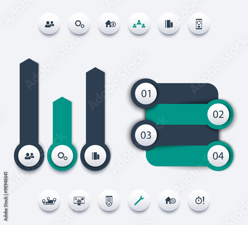 business analytics infographic elements, timeline, step labels, 1 2 3 4, growth arrows, round icons, vector illustration