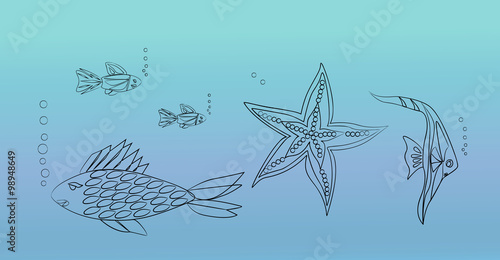 Fish and starfish live in the sea.Outline.