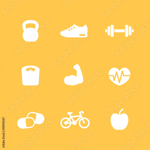 Fitness simple white icons, vector illustration