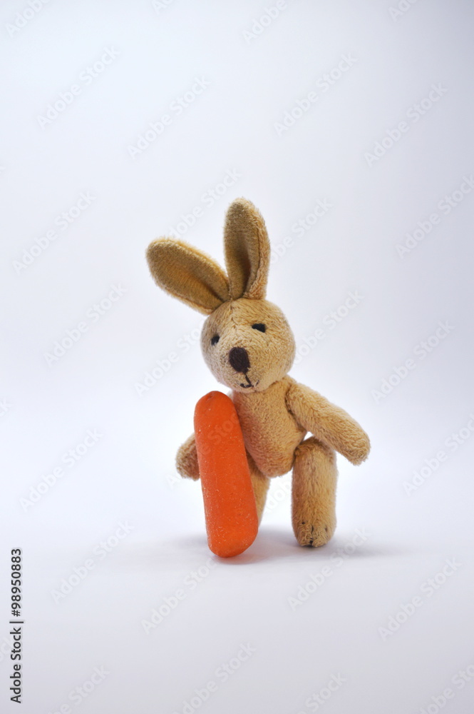 Little brown Plush Rabbit posing in a white background with a carrot and looking at the camera Little brown Plush Rabbit posing in a white background with a carrot and looking at the camera