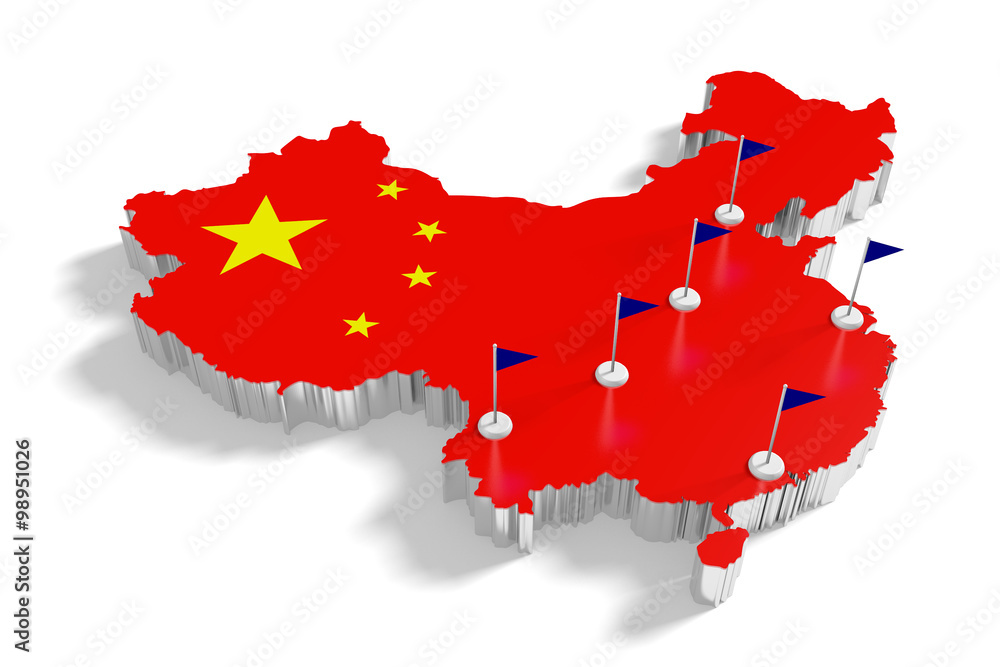 Naklejka premium China map with flags on the flagpoles showing the major cities.