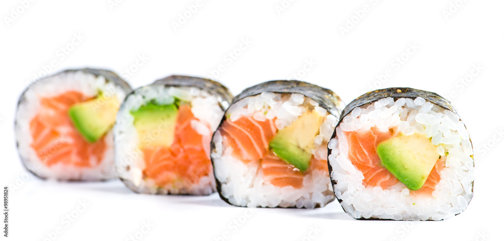 close-up of traditional fresh japanese seafood sushi rolls on a close-up of traditional fresh japanese seafood sushi rolls on a
