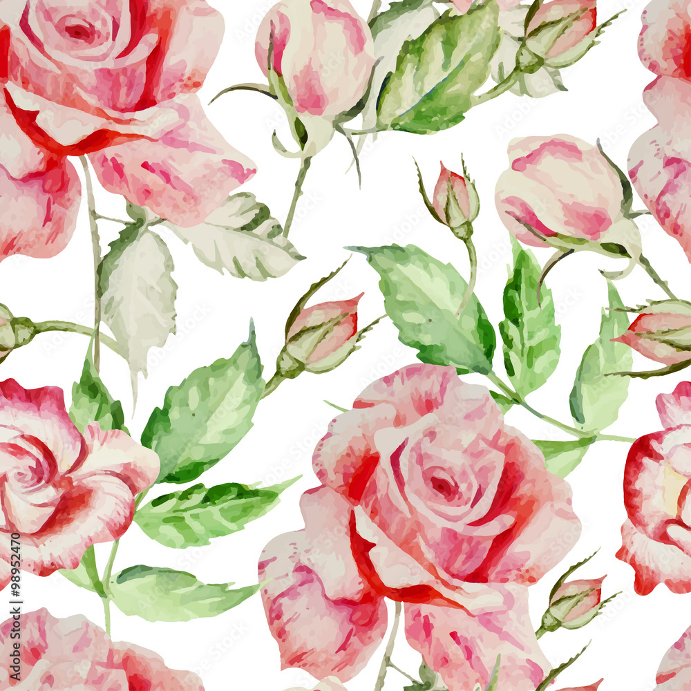 Seamless pattern with watercolor flowers. Rose.