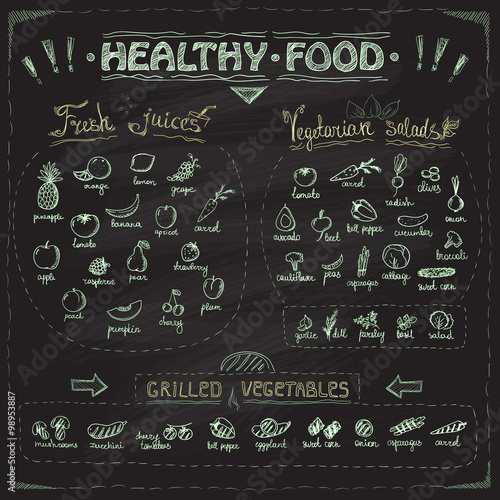Healthy food chalkboard menu with hand drawn assorted fruits and vegetables.