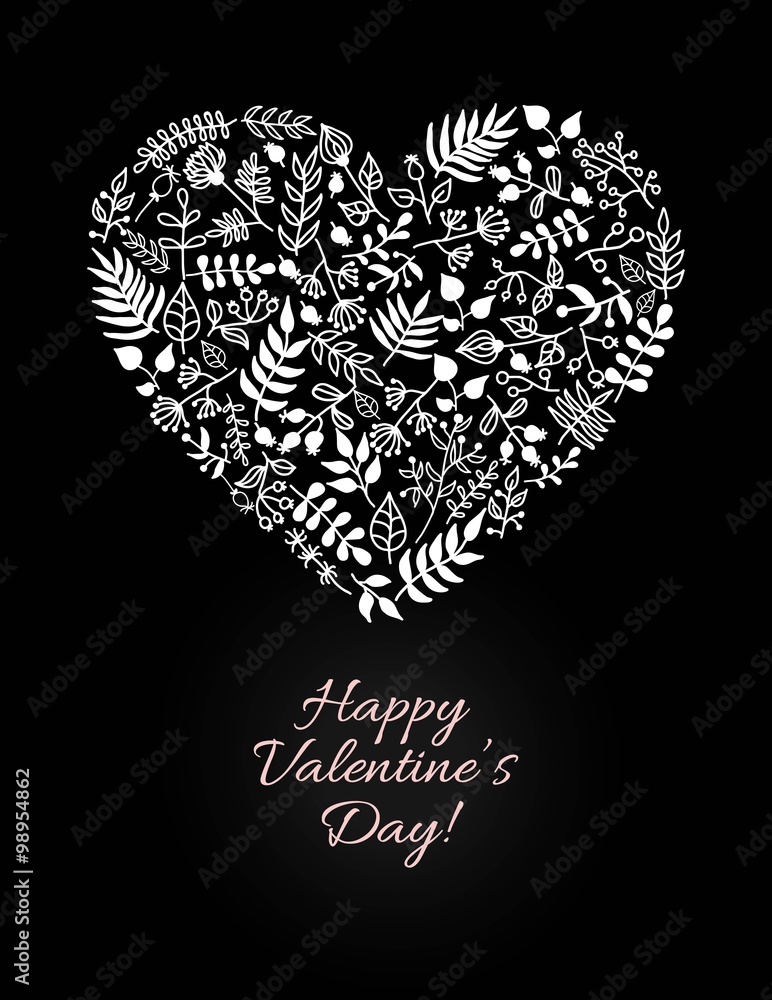 Vector Valentine card with doodle floral illustration in heart shape
