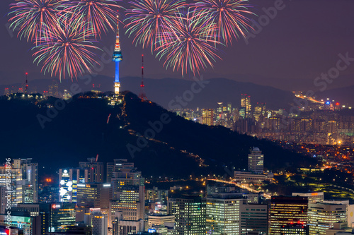 Colorful fireworks in Seoul City Skyline , South Korea. photo