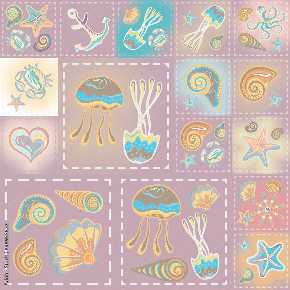 Vector patchwork nautical patterns.  Use to create quilting patches or seamless backgrounds for various craft projects