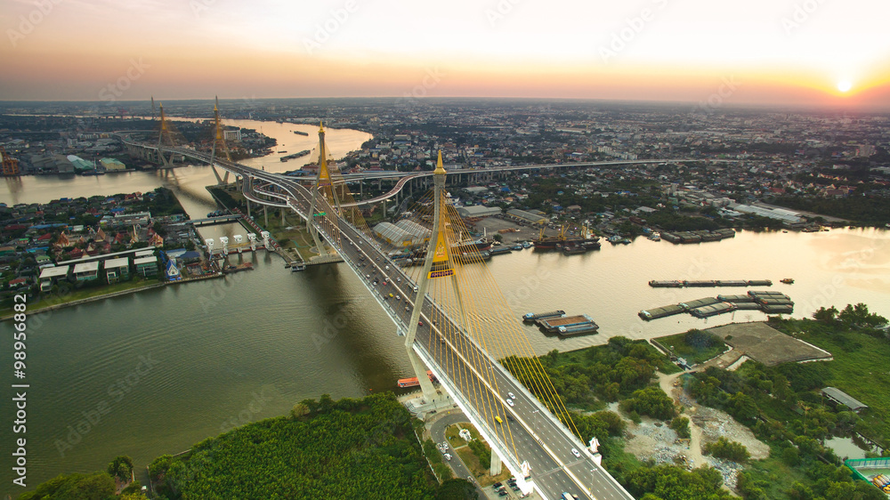 Obraz premium aerial view of bhumibol 1,2 bridge important landmark of bangkok
