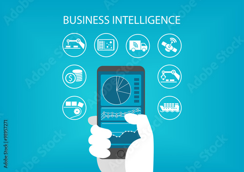 Business intelligence concept with hand holding modern smart phone including predictive analytics dashboard.