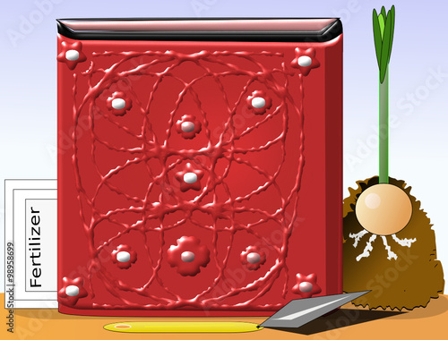 Maceta roja cuadrada de cerámica con tierra, fertilizante, paleta y bulbo para plantar