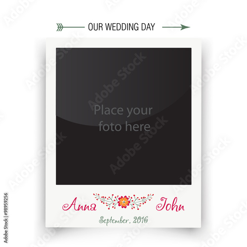 Retro wedding photo frame polaroid. Template for photo of the bride and groom. Vector  illustration