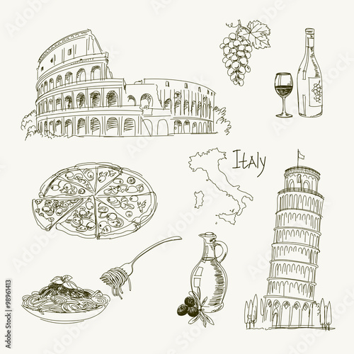 Freehand drawing Italy items on a sheet of exercise book. Leaning Tower of Pisa. Coliseum. Vector illustration. Isolated on white background