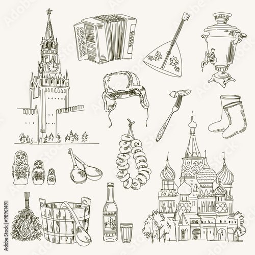 Freehand drawing Russia items on a sheet of exercise book. Moscow Kremlin. Saint Basil's Cathedral. Vector illustration. Isolated on white background