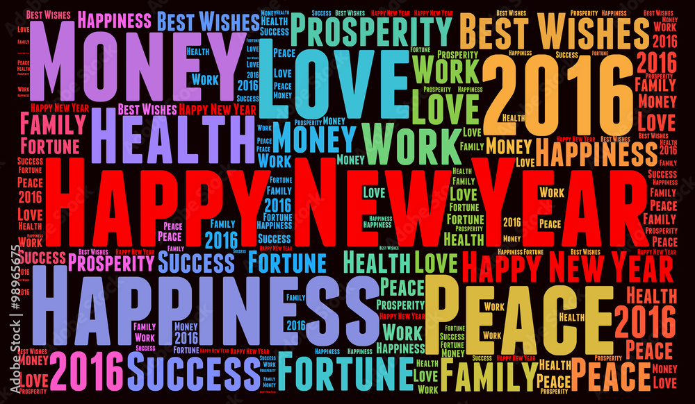 Happy New Year 2016 colored word cloud