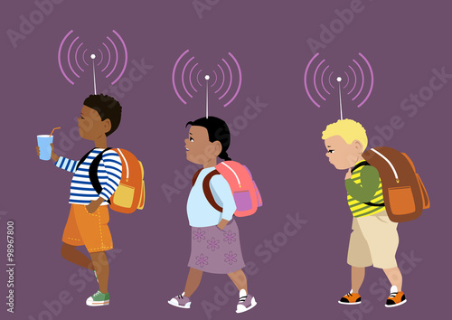 Little kids marching to school with translating antennas on their head as a metaphor of a digital parental control, EPS 8 vector illustration, no transparencies