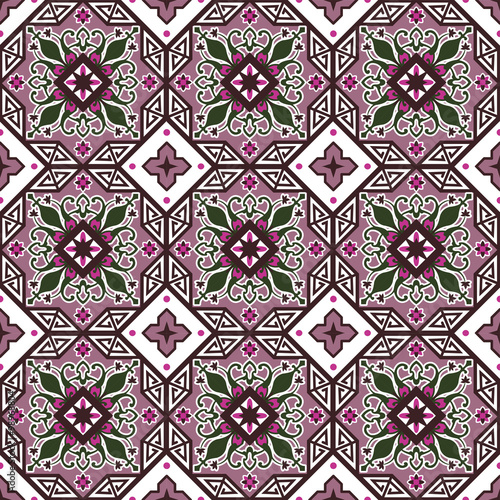 Seamless background image of vintage purple octagon geometry flower kaleidoscope pattern. 