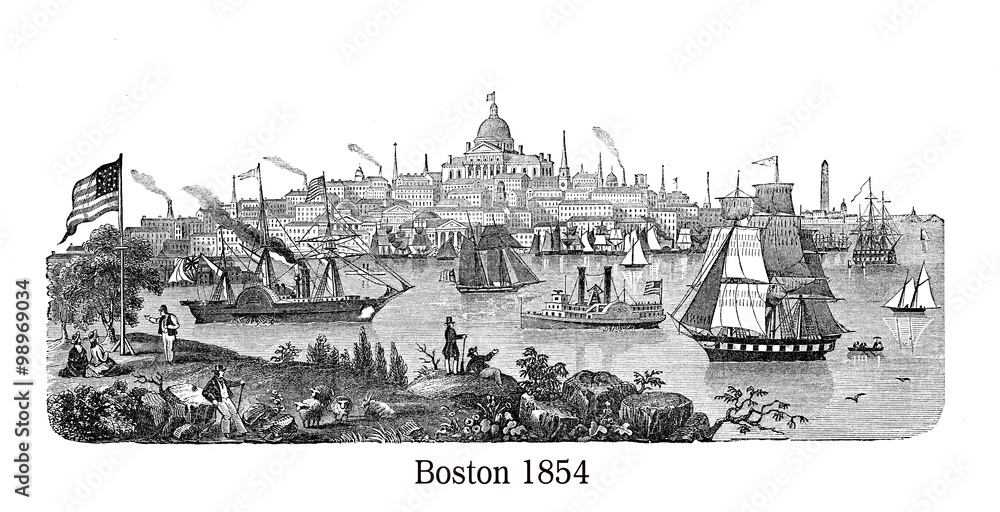 Beautiful vintage engraving of Boston harbor, used as heading by Gleason's Pictorial magazine - obrazy, fototapety, plakaty 