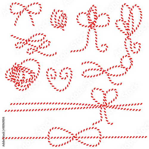 Twine rope bows, gift ties. Red and white string pattern brush.