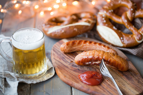 bavarian sausages with bretzel and beer