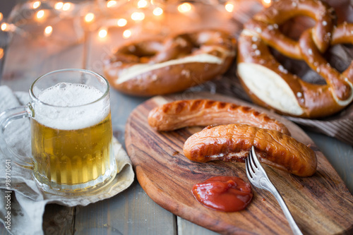 bavarian sausages with bretzel and beer